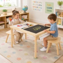 Детска Дървена Масичка за Активна Игра с 2 Столчета GINGER HOME 5 в 1, Дъска за Рисуване, Ролка Хартия и Кутии за Съхранение, 73x50x53.6 см - VM-10 - изглед 11
                  